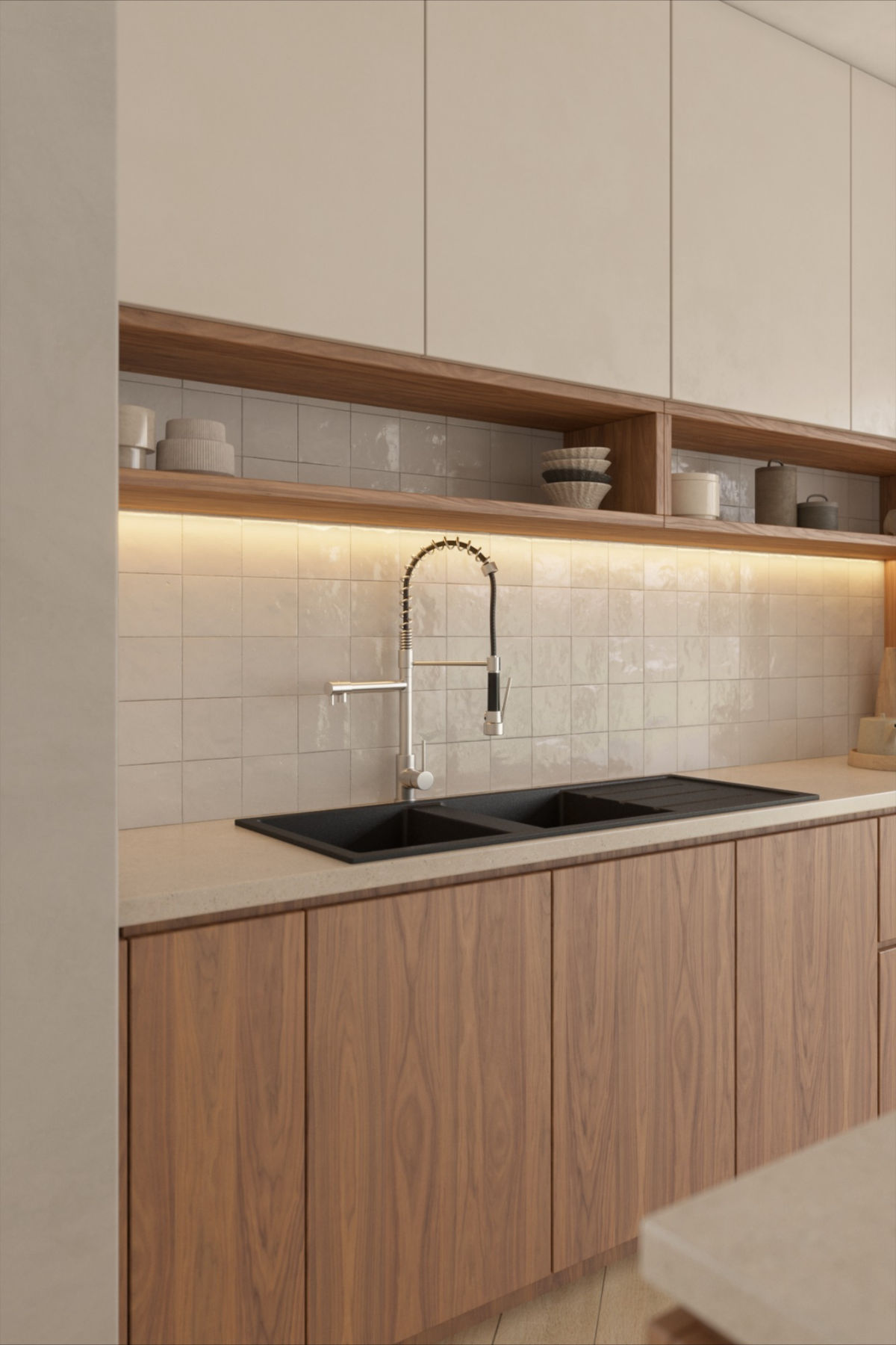 Warm and modern kitchen with under-cabinet lighting and white square tile splashback