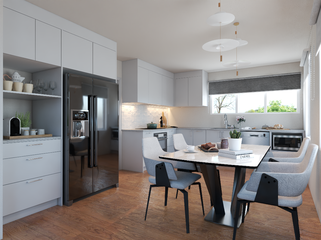 L-shaped white open kitchen with grey tile splashback and under-cabinet LED lighting