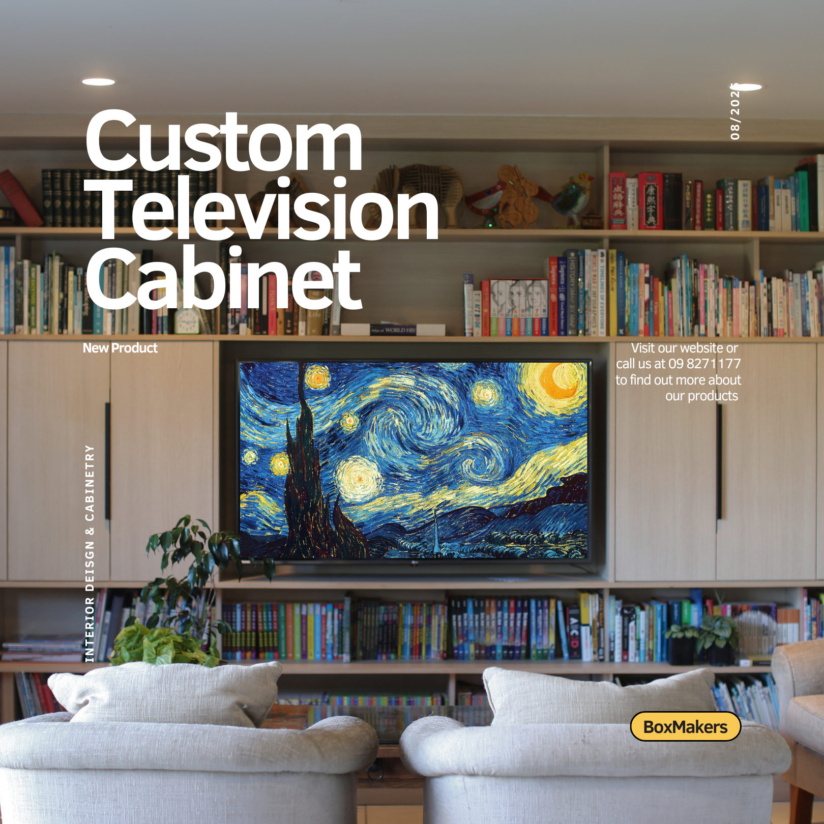 Custom TV unit with light woodgrain cabinet and recycled native wood edge