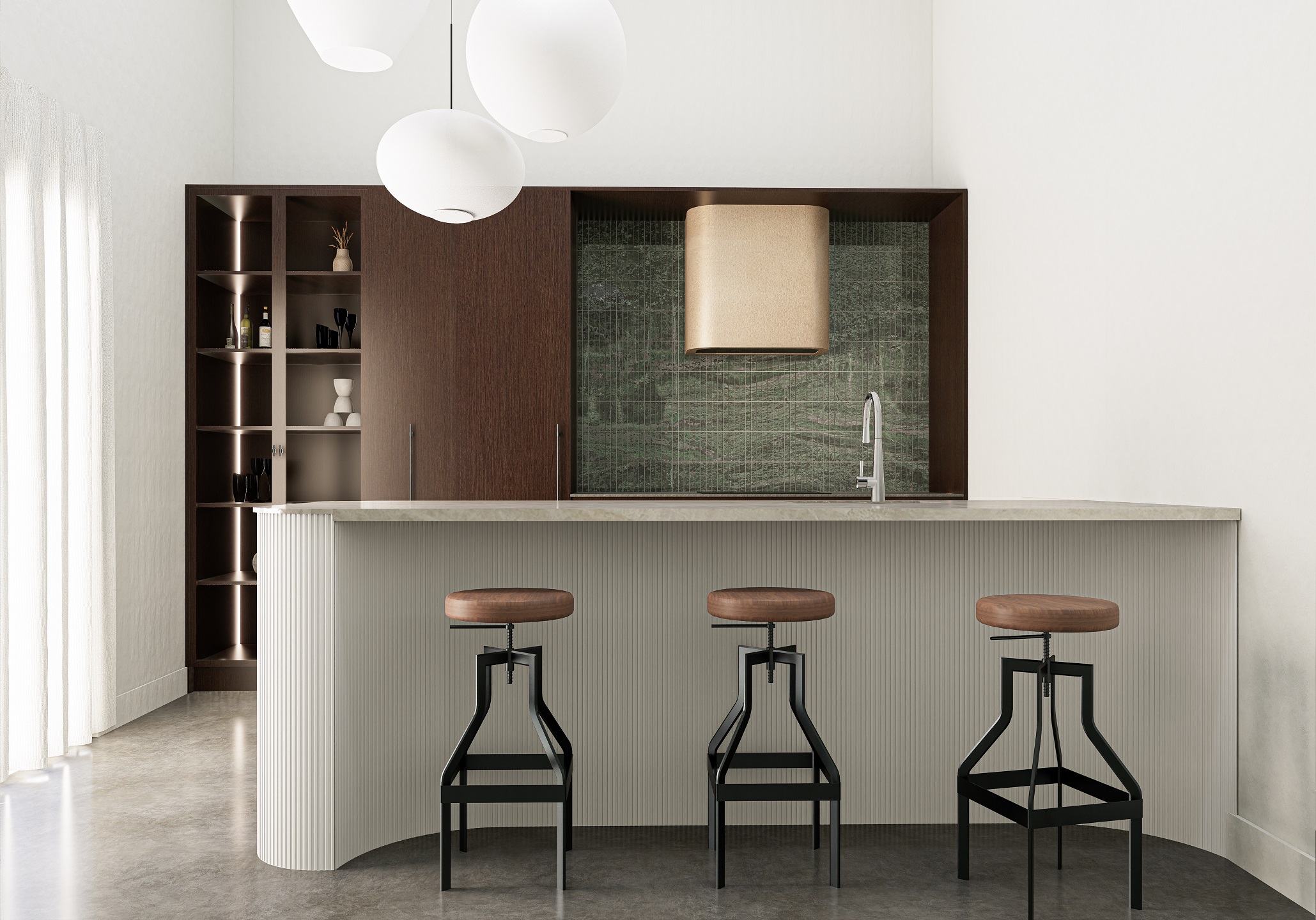 Modern open plan kitchen with dark woodgrain cabinet, glass door cabinet, dark green tile splashback, brushed-bronze rangehood cover. Curved kitchen island. Fluted panel for kitchen island