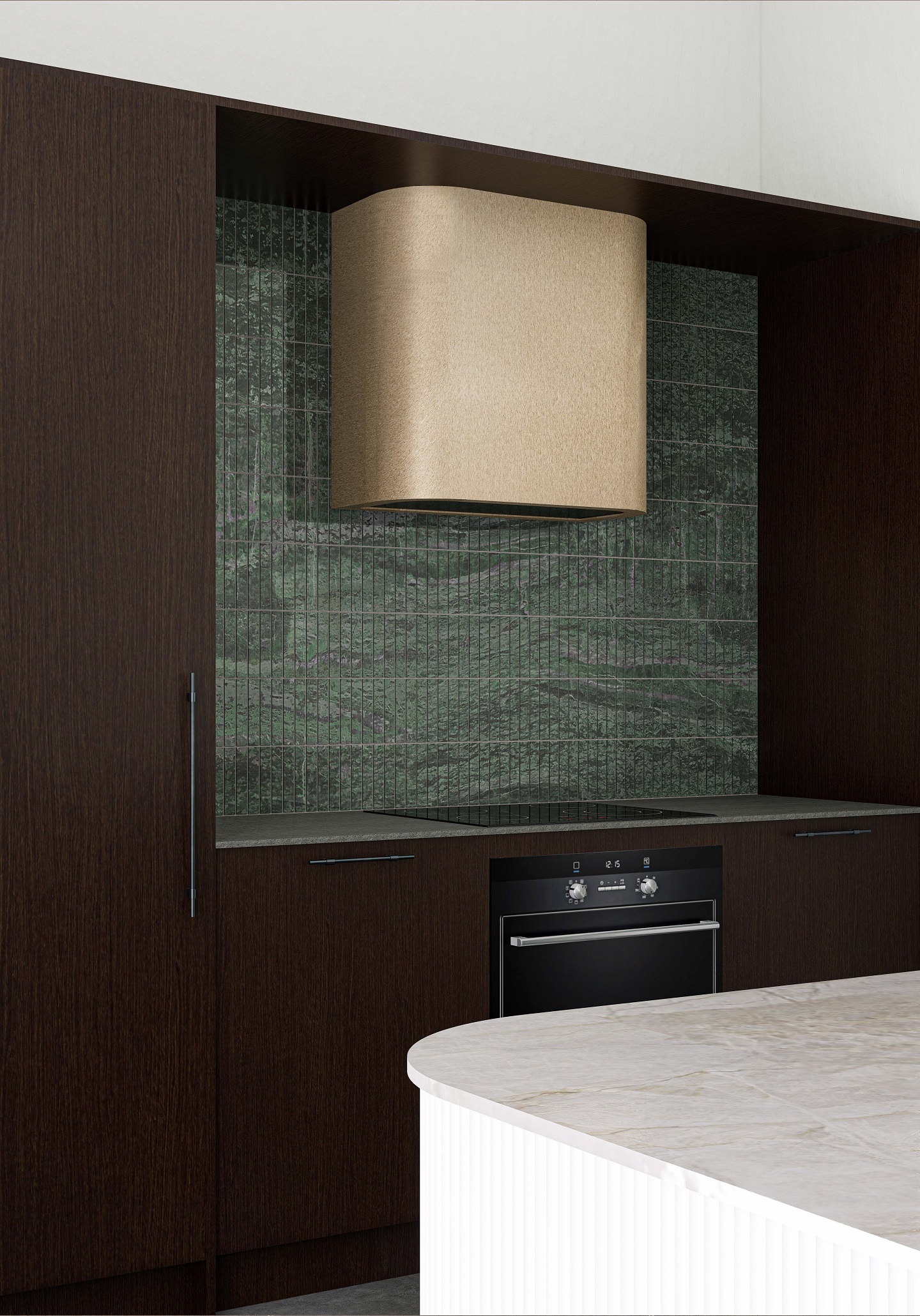 Dark green tile kitchen splashback