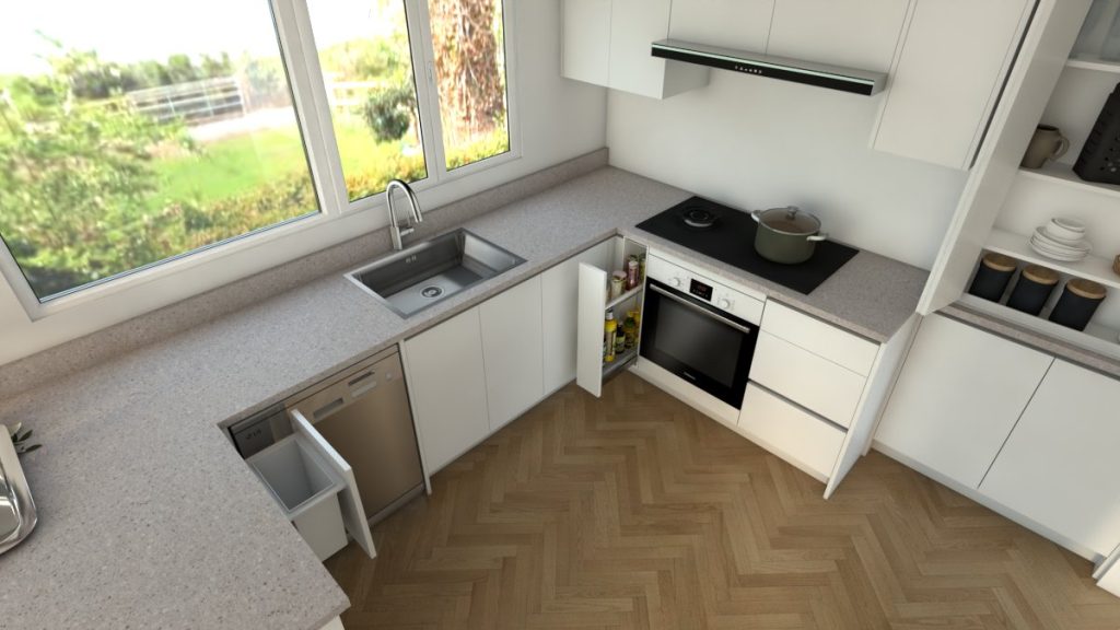 Modern kitchen with hide-away bin and pull-out pantry