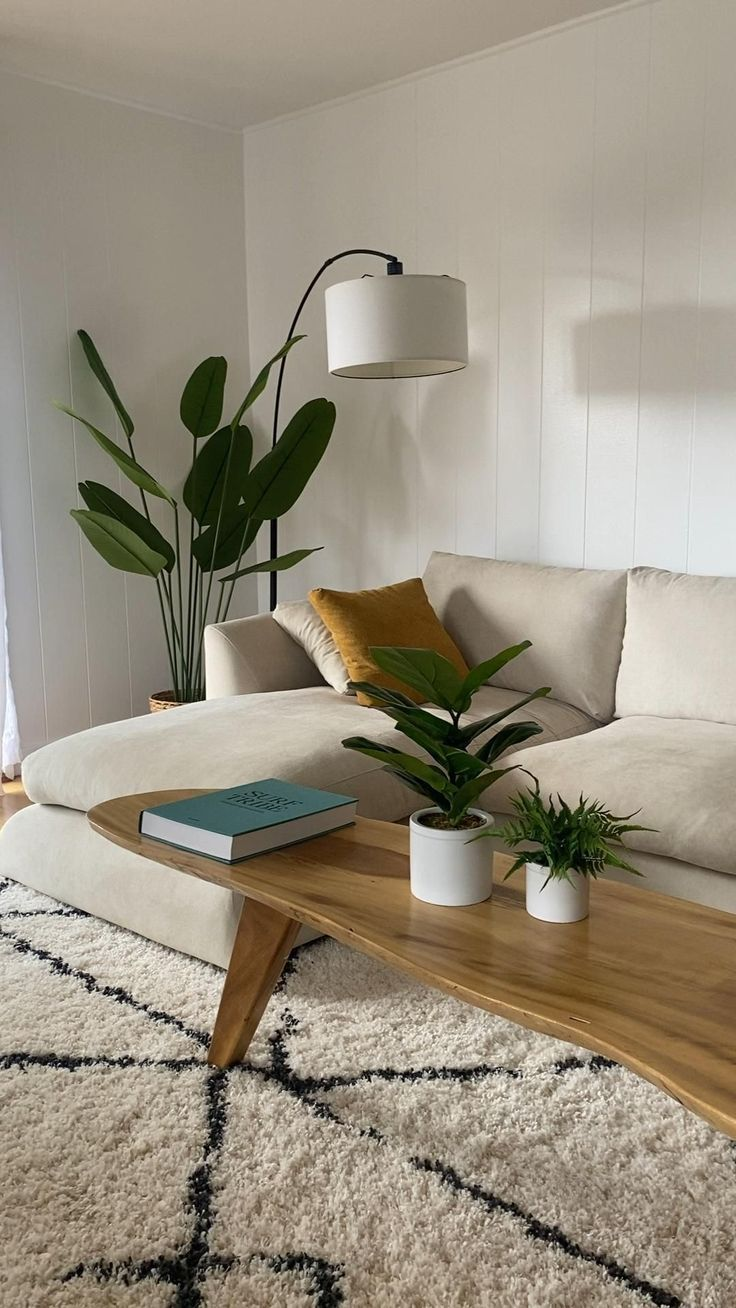 Coffee table plants and a tall plant in the corner of the living room next to a cream sofa