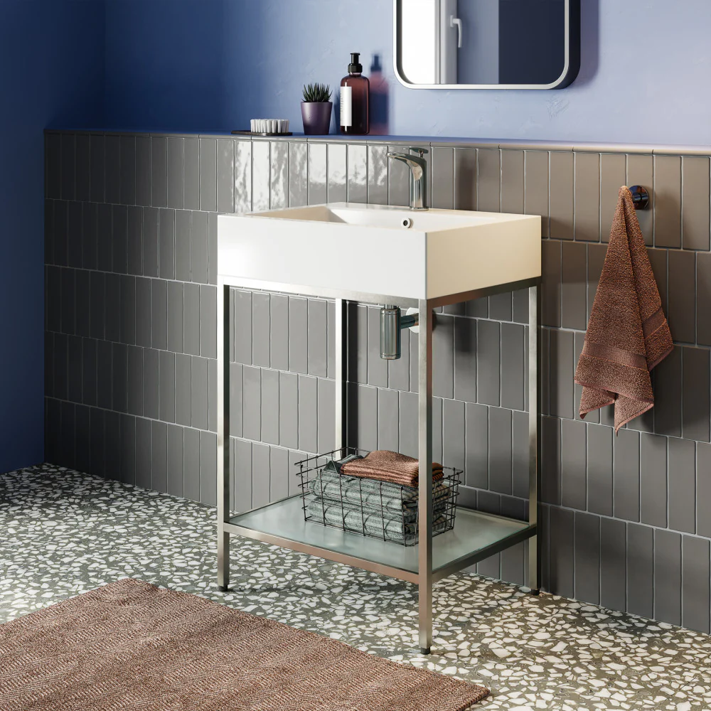 Frame bathroom vanity with one sink and frosted glass shelve at the bottom